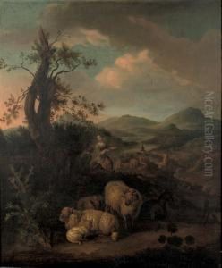 A Wooded Landscape With A Shepherdess And Her Flock by Simon van der Does