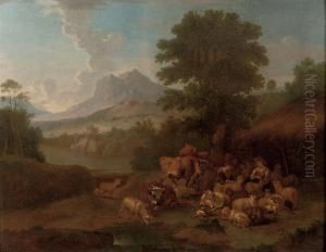 A Peasant Resting With His Herd In An Italianate Landscape
