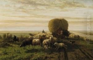 Haywagon Surrounded By Herd Of Sheep. Signed Bottom Right: H.v.d. Flier F