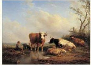 Vaches Et Moutons Dans Un Paysage by Helmert Richard Van Der Flier