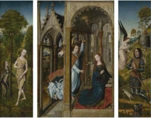 A Triptych:
Central Panel: The Annunciation
Left Inner Wing: Temptation Of Eve In The Garden
Left Outer Wing: Saint James The Greater
Right Inner Wing: An Angel Appearing To A Donor Figure
Right Outer Wing: Saint Thomas Aquinas by Follower of Hugo van der Goes