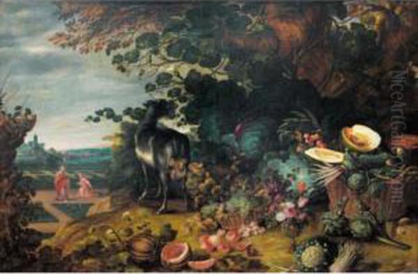 An Extensive Landscape With An Exotic Array Of Flowers, Fruit And Vegetables With A Goat By A Tree; A Scene Depicting 'noli Me Tangere"" In A Garden Beyond - view 1