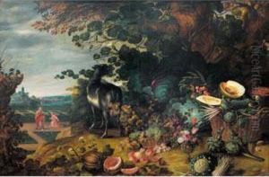 An Extensive Landscape With An Exotic Array Of Flowers, Fruit And Vegetables With A Goat By A Tree; A Scene Depicting 'noli Me Tangere"" In A Garden Beyond by Gommaert Van Der Gracht
