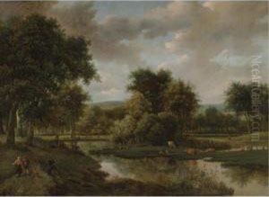 A Marshland Clearing With Peasants And Cattle, Rising Hills Beyond by Joris Abrahamsz Van Der Haagen