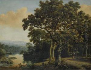A Wooded Landscape With A Gypsy Woman With Two Children On A Path, Beside A Lake At Sunset by Joris Abrahamsz Van Der Haagen
