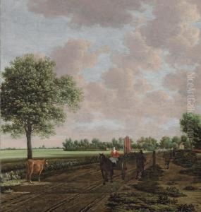 A Pastoral Landscape With A Woman Driving A Horsecart And Othertravellers On The Path, A Windmill Beyond by Joris Abrahamsz Van Der Haagen