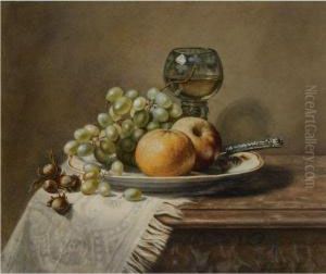A Still Life With A Glass, Fruit On A Plate And Hazelnuts On Aledge