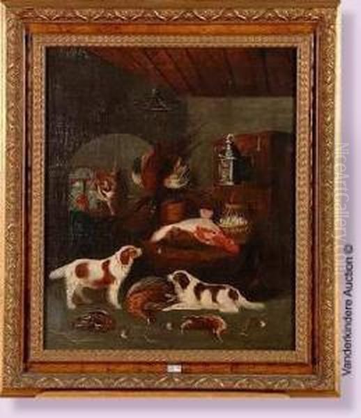 Chiens Devant Une Nature Morte Au Gibier Et Aux Poissons - view 1