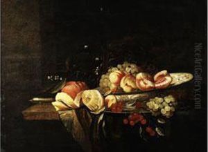 Prunkstilleben Mit Fruchten In Einer Fayenceschale Mit Glasgefass, Sektkelch Und Messer by Joris van der Haagen or Hagen