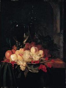 Still Life Of A Roemer And A Wine Glass Together With Cherries, Peaches, Grapes, Redcurrants, Oranges And A Lemon, Arranged On A Silver Plate On A Wooden Ledge Draped With A Green Cloth