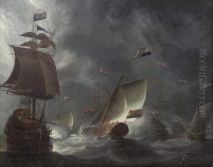 The Dutch Fleet Firing A Salute As The Prince Of Orange's Yachtarrives At The Anchorage by Joris van der Haagen or Hagen
