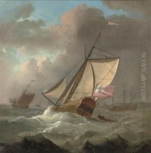 An Admiralty Yacht Heeling In A Stiff Breeze by Joris van der Haagen or Hagen