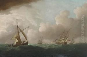 English Men-o'war And Other Shipping In A Swell Off Flushing by Joris van der Haagen or Hagen