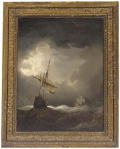 French And British Men-o'war In A Swell After Dark