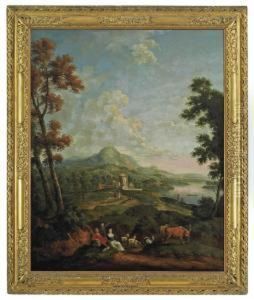 A Mountainous Wooded River Landscape With A Fortified Town In Themiddle Distance