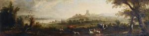 An Extensive River Landscape With A Drover Andhis Livestock by William Van Der Hagen