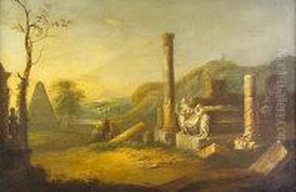 Capriccio Of An Italianate Landscape With Figures Amongst Ancient Ruins - view 1
