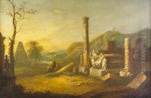 Capriccio Of An Italianate Landscape With Figures Amongst Ancient Ruins by William Van Der Hagen