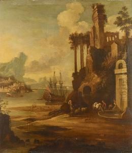 An Italianate Landscape With A Man O'war At Anchor In A Bay Beyond