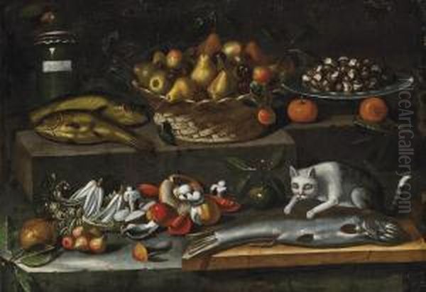 A Basket Of Pears, Oranges, Snails In A Pewter Plate, Fish, Mushrooms And A Cat On A Ledge - view 1