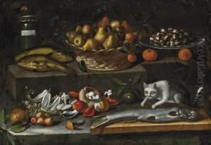 A Basket Of Pears, Oranges, Snails In A Pewter Plate, Fish, Mushrooms And A Cat On A Ledge by Juan Van Der Hamen Y Leon