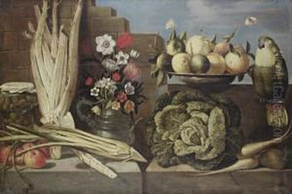 A Pewter Dish Of Lemons With A Vase Of Tulips,anemones And Other Flowers With A Cabbage, Parsnips And Othervegetables Before A Stone Wall - view 1