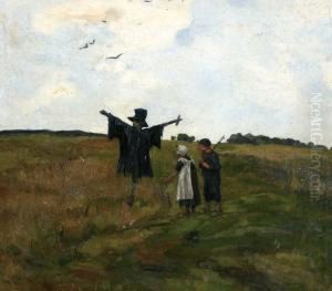 Kinderen Bij Vogelverschrikker In Het Veld by Cornelia Van Der Hart