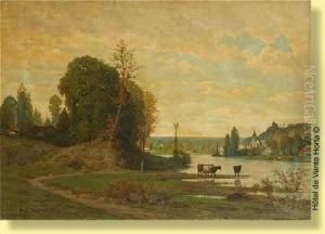 Vaches En Bord De Cours D'eau by Guillaume Van Der Hecht