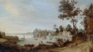 Paesaggio Fluviale Animato Con Una Cittadina Sullo Sfondo by Claes Dircksz. Van Der Heck