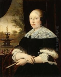 Portrait Of An Elegant Lady Holding Fan And With Distant Garden And Fountain Beyond by Bartholomeus Van Der Helst