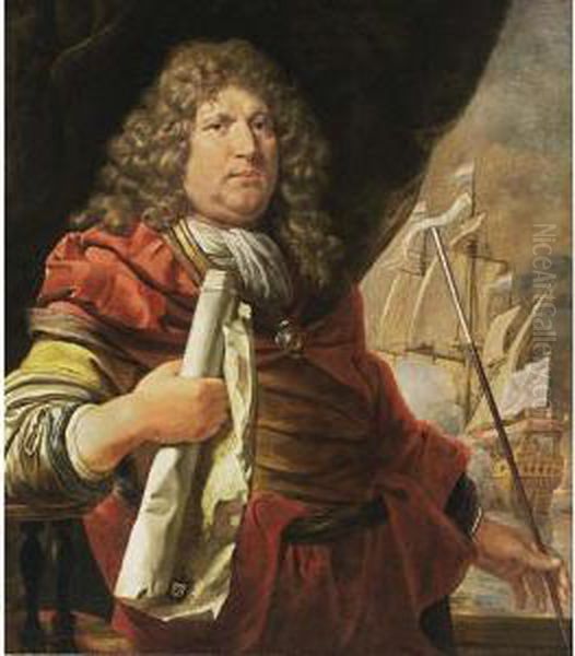 A Portrait Of Vice-admiral Abraham Van Der Hulst (1619-1666), Standing Half Length, Wearing A Grey-lined Yellow Coat With A Red Cloak And White Chemise, Holding A Maritime Map In His Right Hand, And A Baton In His Left Hand, A Man-of-war In The Background - view 1
