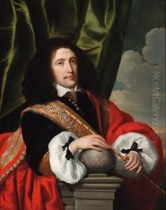 Portrait Of A Civic Guard, Three-quarter-length, In A Black Coatwith A Red Cloak, A Riding Whip In His Left Hand, Leaning On Aledge