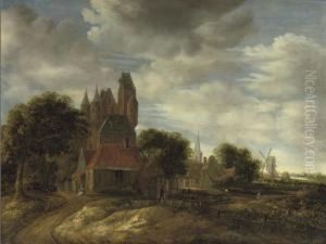 The Outskirts Of A Town With Cottages And A Castle, A Church And Awindmill Beyond by Jan Van Der Heyden