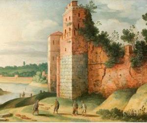 Ansicht Einer Baumumrankten Burgruine Mit Zinnenbekrontemturm, Links Davon Blick In Die Weite Der Sommerlichen Landschaftmit Idyllischem Flusslauf Und Bewaldeten Hugeln Sowie Imvordergrund Figurenstaffage In Zeitgenossischer Kleidung by Jan Van Der Heyden