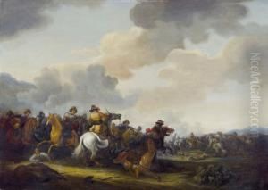 Reitergefecht In Weiter Landschaft by Abraham van der Hoef