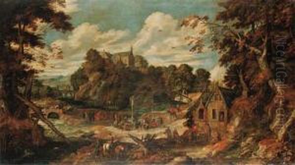 An Extensive Wooded Landscape With Pilgrims Worshipping Amiraculous Crucifix, A Friar Giving Religious Succour To A Peasantwoman, Friars Receiving Greetings From A Cardinal, And A Monasteryon A Hilltop Beyond - view 1