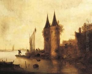 A River Estuary With A Sailing Boat By A Fortified Town by Maerten Fransz. Van Der Hulft