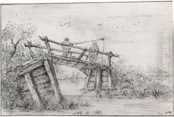 Two Figures Fishing From A Bridge Over A Stream - view 1