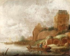 A River Landscape With Fishermen In A Rowboat On A River