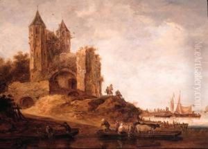 Peasants And Cattle On A Ferry Near A Landing Stage