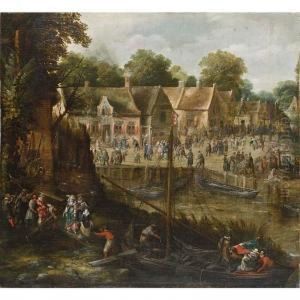 A Village Kermesse With Elegant Figures Entering Boats And Figures Dancing And Playing Games In The Background