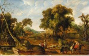 An Extensive Landscape With Many Figures Passing Through A Village by Pieter I Van Der Hulst