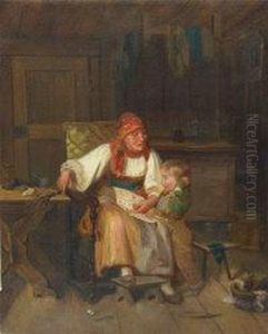 "the Lesson", A Continental Interior Scene With Oldwoman Teaching A Young Child Letters Of The Alphabet", Oil Oncanvas, Unsigned, 59 X 47.7 Cm
