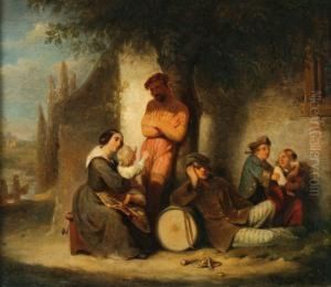 Italian Landscapewith Some Pausing Artists Under A Tree by David Iii Van Der Kellen