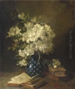 A Still Life With Rhodondendrons In A Jug And Books by Hendrika Wilhelmina Van Der Kellen