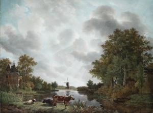 Hollandische Flusslandschaft Mit Schloss, Windmuhle Und Vieh by Adrianus Van Der Koogh