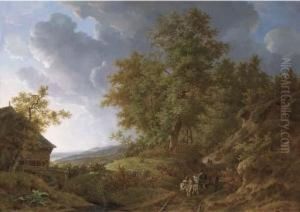 An Extensive Rolling Landscape With Travellers On A Sandy Track By A Watermill