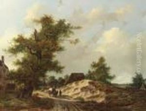 Travellers On A Sandy Track Through A Village In A Woodedlandscape by Adrianus Van Der Koogh