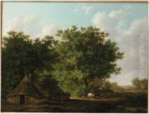 A Wooded Landscape With A Cowherd And Cattle By A Cottage