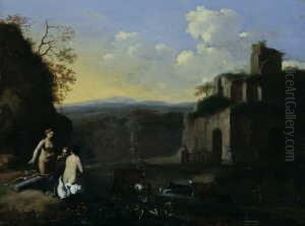 Landschaft Mit Diana Und Ihren Nymphen Vor Einer Ruine. Ol Auf Holz. H 26,5; B 35,5 Cm. Provenienz: Dartmouth College Museum, Hanover/new Hampshire; Privatsammlung, Usa. G. Van Bronchorst Malte Klassische Landschaften Mit Mythologischer Staffage In De - view 1